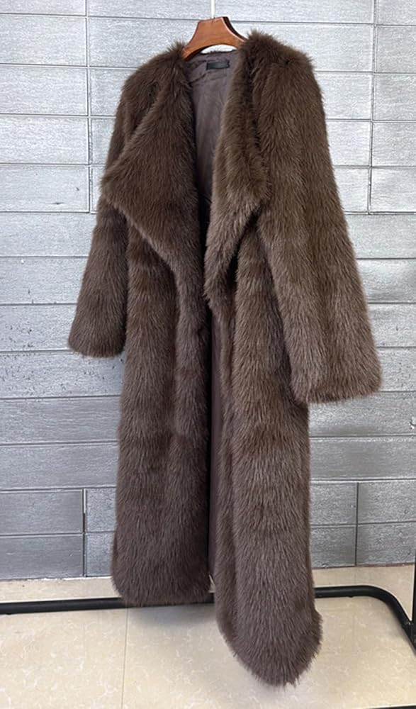 Vickstco Fluffy Coffee Faux Fur Overcoat Outwear Parka Long Coat